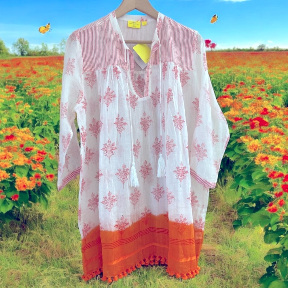 Roller Rabbit for Gorsuch- Boho Cotton Tunic Cotton Silk Orange Pom Pom Trim